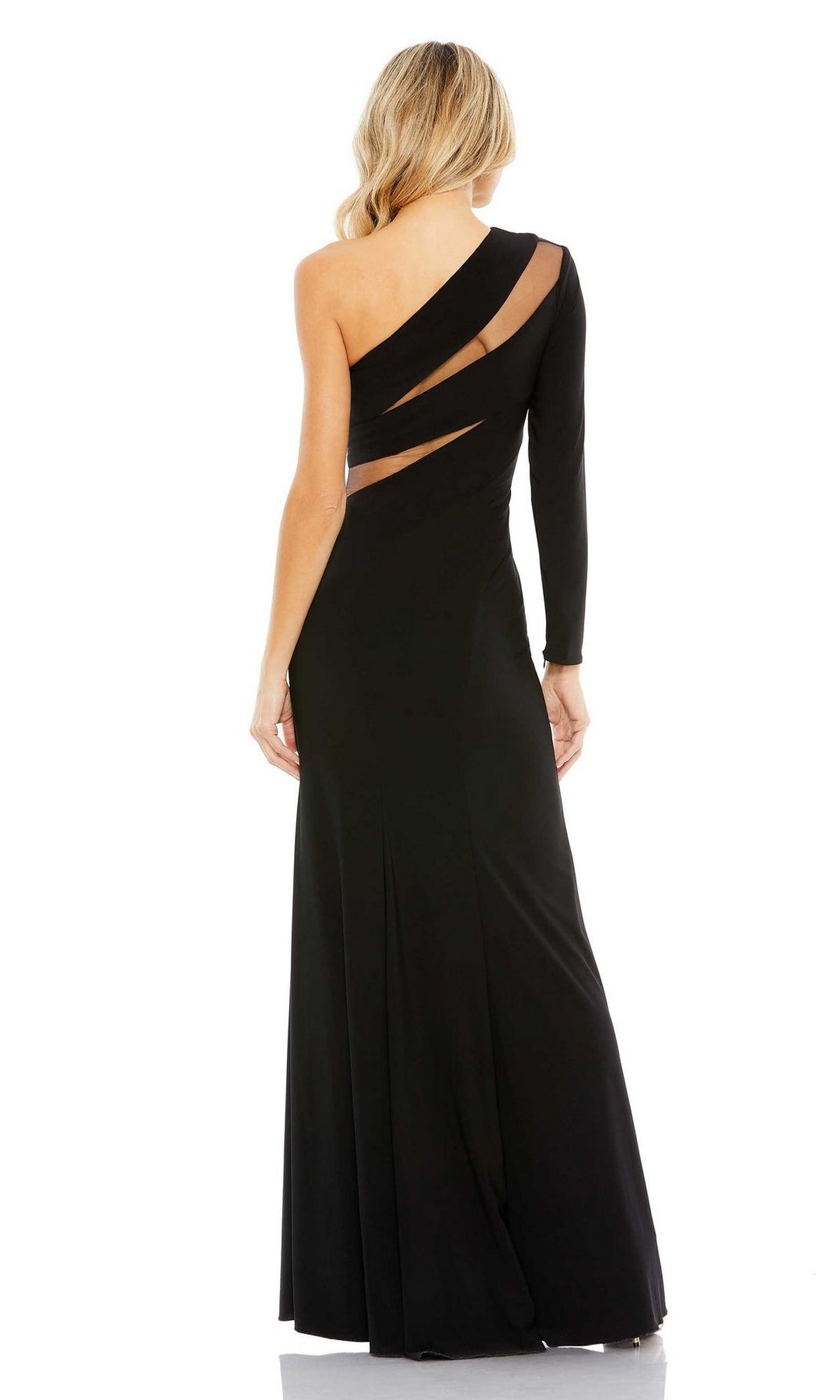 A person stands with their back to the camera, wearing the Mac Duggal 11311 Cut-Out Long Black Formal Dress featuring a one-shoulder design and back cut-out details.