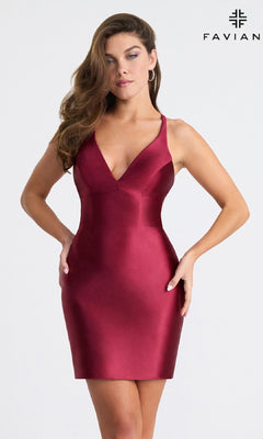 A woman wears the Faviana 11313 short sheath homecoming dress—burgundy, sleeveless, deep V-neck, satin-fit style—standing against a plain light background. "FAVIANA" and its logo appear in the top right corner.