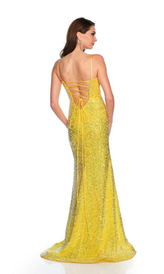 A woman wears the Long Formal Dress 11322 by Dave and Johnny—a floor-length, fitted yellow sequin dress with spaghetti straps and a lace-up open back—while standing against a white background.