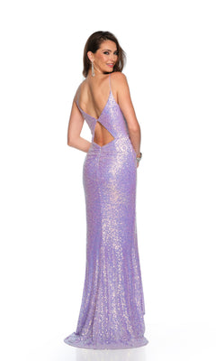 A woman models the Long Formal Dress 11331 by Dave and Johnny, a fitted pastel lilac sequin gown with spaghetti straps, open back, and floor-length silhouette, set against a white background.