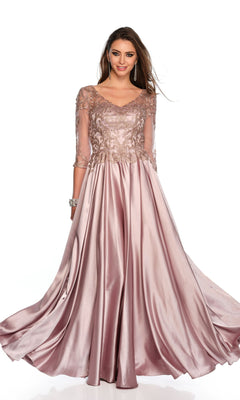 A woman models the Long Formal Dress 11362 by Dave and Johnny, featuring a mauve pink hue, lace bodice detailing, and sheer three-quarter sleeves against a white background.
