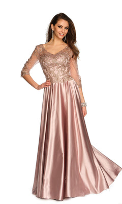 A woman stands smiling against a white background, wearing the Long Formal Dress 11362 by Dave and Johnny in mauve pink with sheer embellished sleeves.