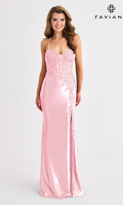 A woman wears the Faviana 11404 long prom dress—floor-length, light pink satin with lace details, thin straps, sweetheart neckline, corset bodice, and front slit; "FAVIAN" logo appears in the top right corner.