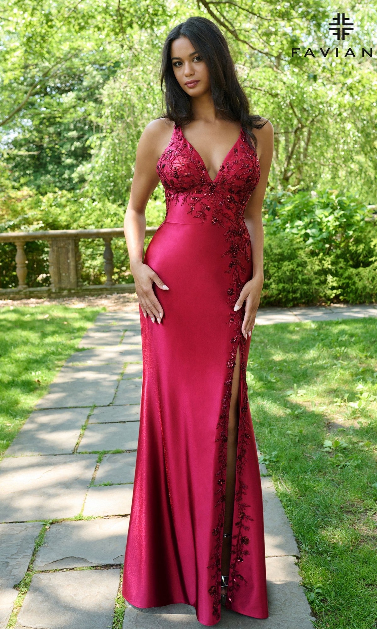 green emerald velvet dress Lace-Up Beaded Long Prom Dress: Faviana 11405 Cherry / 00