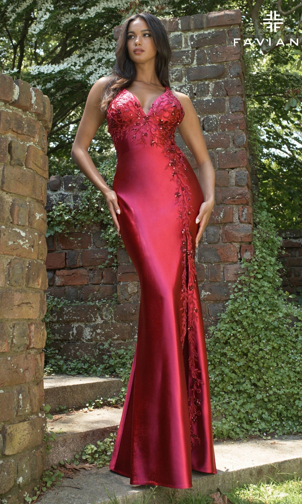Lace-Up Beaded Long Prom Dress: Faviana 11405 Cherry / 00