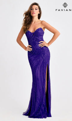 A woman models the Faviana 11408 long prom dress—a strapless, floor-length purple gown with beaded patterns and a thigh-high slit—standing against a plain white background.