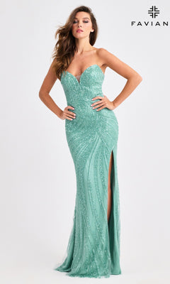 A woman poses against a plain background in the Faviana 11408 long prom dress—a strapless, fitted seafoam green gown with beading and a thigh-high slit. The Faviana logo appears in the top right corner.