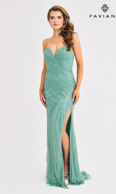 A woman models the Faviana 11408 long prom dress in mint green with beaded accents, a sweetheart neckline, and thigh-high slit against a white background. "Faviana" is visible in the top right corner.
