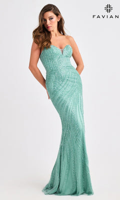 A woman wears the Faviana 11408 long prom dress—strapless, light teal, beaded, with a fitted mermaid silhouette. The brand name "Faviana" appears in the top right corner.