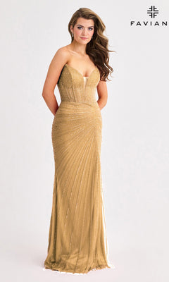 A woman models the Faviana 11410 long prom dress in gold, featuring a strapless fitted bodice with pleated detailing, standing against a plain background. The "Faviana" brand name is shown in the top right corner.