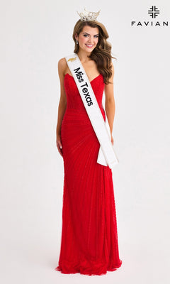A woman wearing the elegant Faviana 11410 Long Prom Dress in red, along with a crown and "Miss Texas" sash, smiles against a white background featuring the Faviana logo in the corner.
