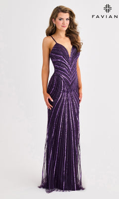 A woman poses against a white background in the Faviana 11412 long prom dress—sleeveless, floor-length, and purple with shimmering sequin patterns. The "FAVIANA" logo is displayed in the top right corner.