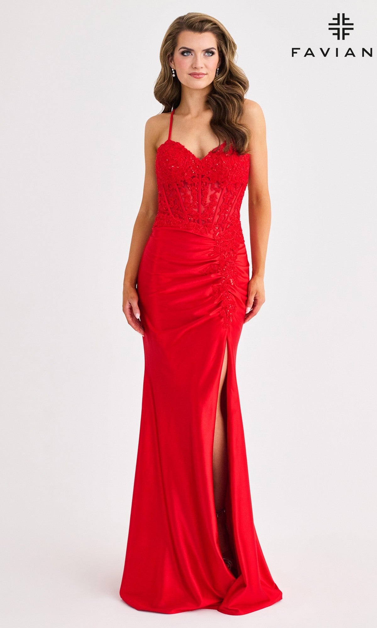 Lace-Corset Long Prom Dress with Statement Back Red / 00 Lace-Corset Long Prom Dress with Statement Back Red / 00
