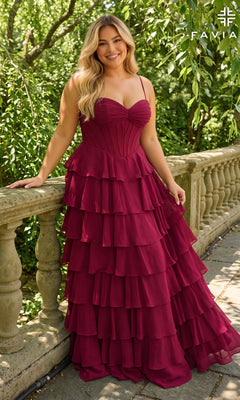 Faviana 11420E long plus-size prom dress in merlot, featuring a chiffon corset-style bodice and a floor-length tiered skirt.