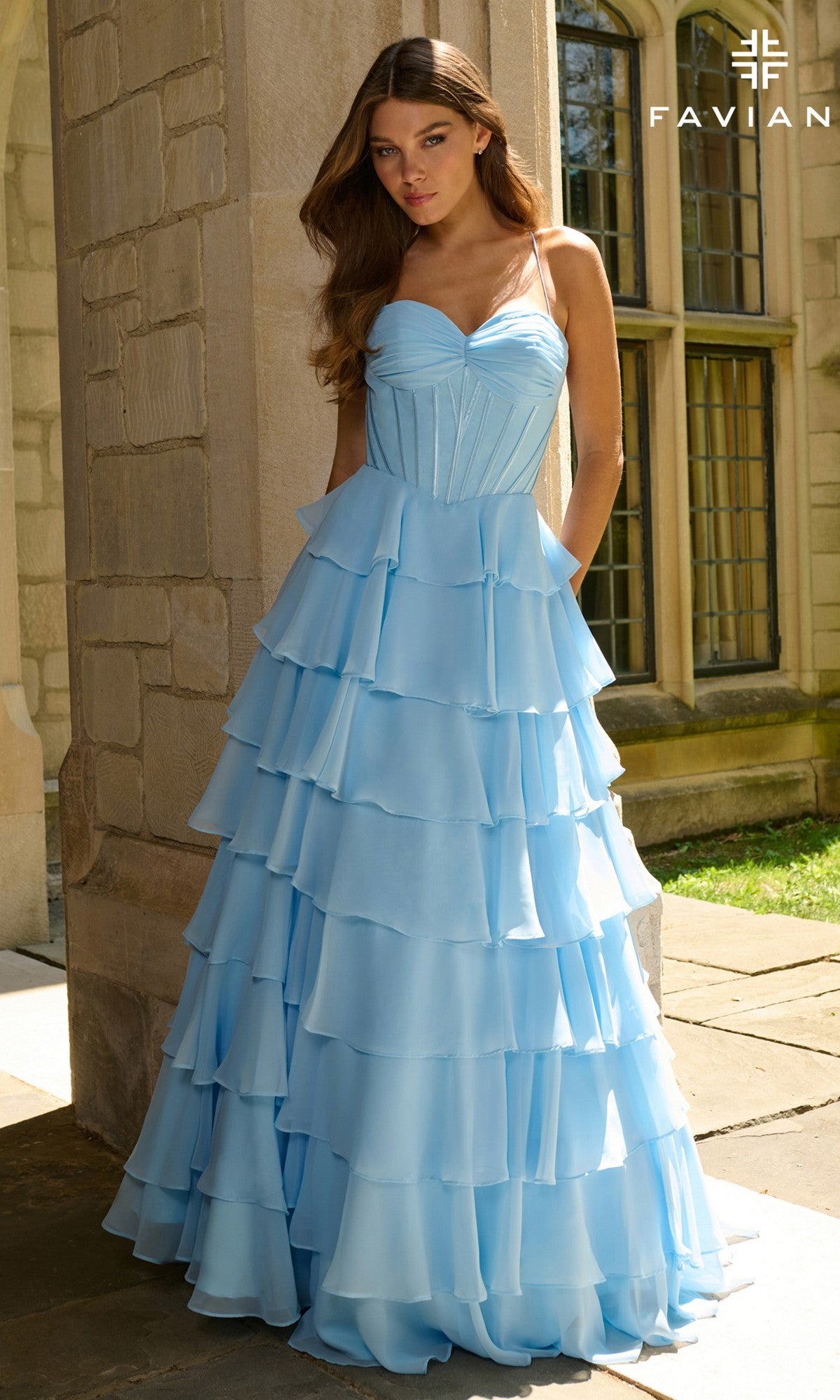 blue ruffle prom dress Ruffled Long Chiffon Ball Gown: Faviana 11420 Sky / 00 Less than £100 Long Sleeve Black Dress in Size 0 Size:Small
