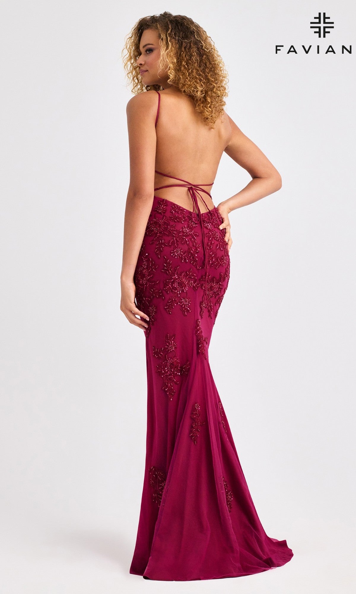 Floral-Beaded Long Prom Dress with Strappy Open Back– PromGirl