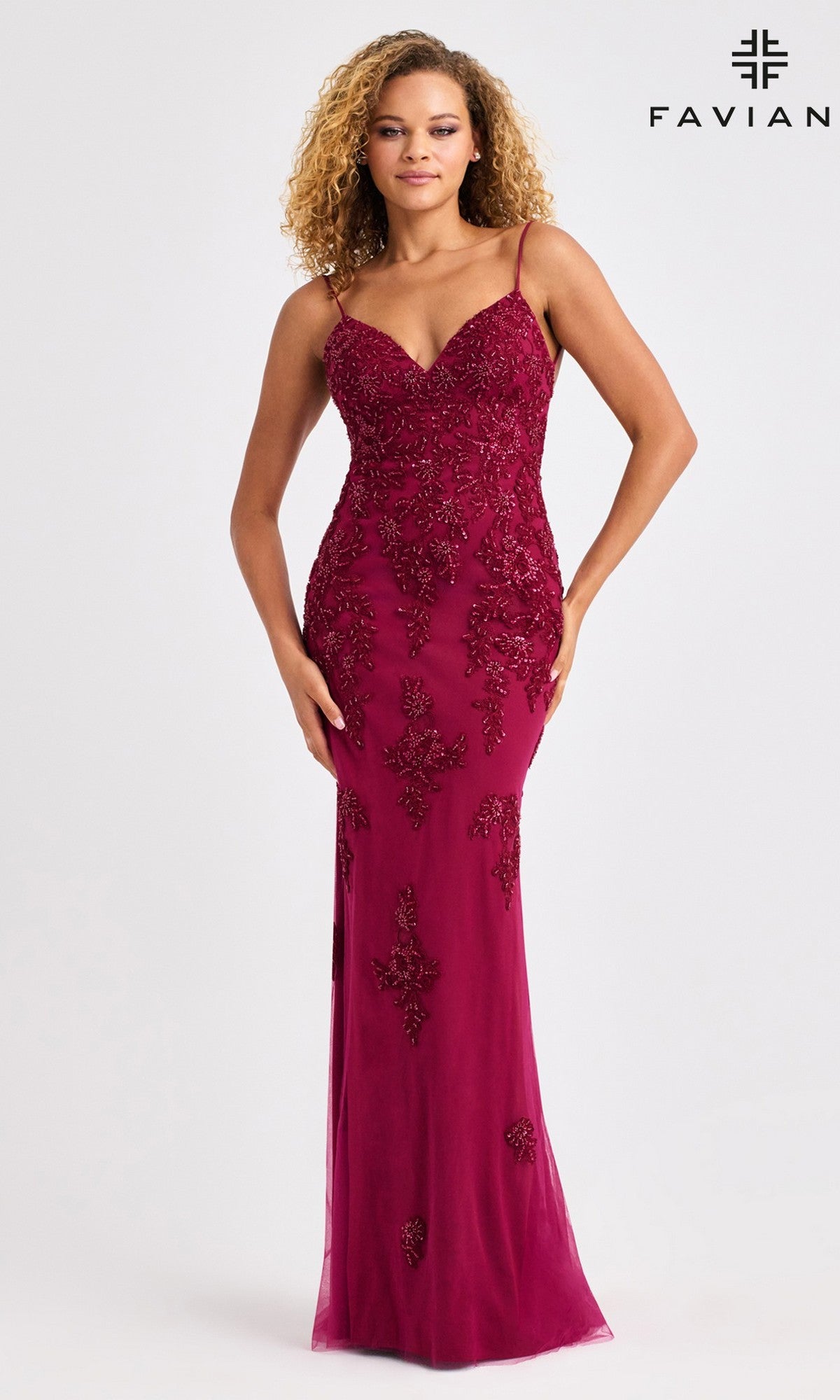 burgundy floral prom dress BABARONI BABARONI Tulle Lace Burgundy Prom Dresses A-line V-neck Spaghetti Straps With Slit Lace Appliqued Ruched, Burgundy / US0 main image 1