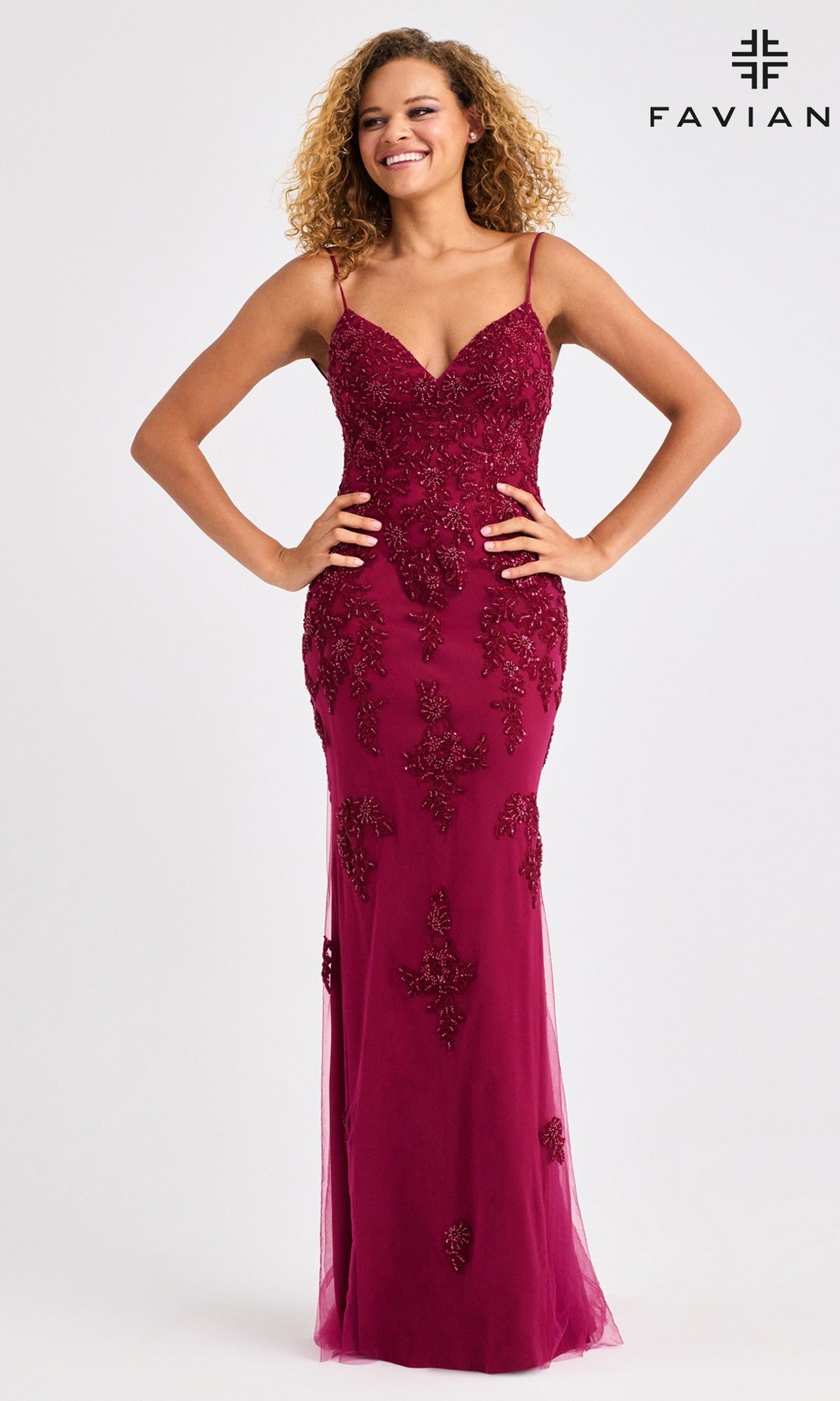 dark red beaded dress Red Beaded Satin Long V Neck Dress With Open Back main image 1