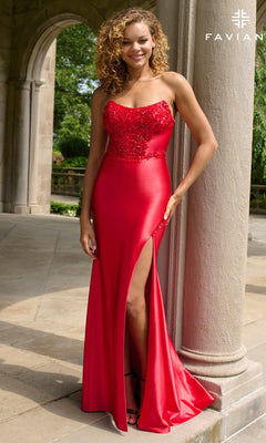 A woman models the Long Prom Dress: Faviana 11435—a strapless satin gown with a high slit, beaded bodice, elegant lace-up back—standing outdoors by stone columns.