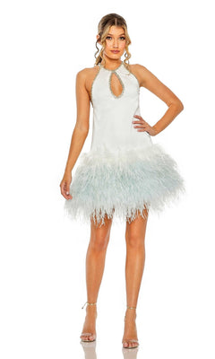 A woman models the Mac Duggal Short Homecoming Dress 11437, featuring a chic white keyhole cutout, halter neckline, feathered skirt, and paired with strappy high-heeled sandals.