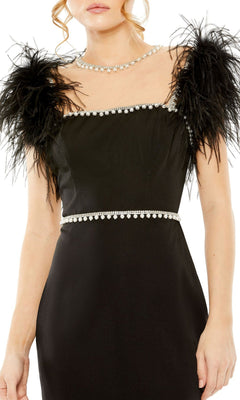 Mac Duggal - White Feather Cap Sleeve Pearl Embellished Tea-length Dress