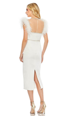 Mac Duggal - White Feather Cap Sleeve Pearl Embellished Tea-length Dress - US 4 Mac Duggal - White Feather Cap Sleeve Pearl Embellished Tea-length Dress - US 4