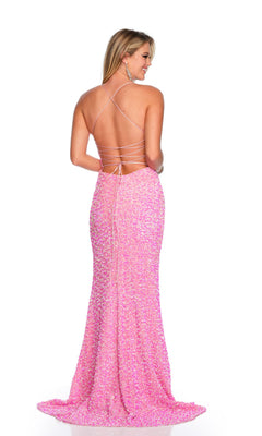 A woman faces away, wearing the Long Formal Dress 11444 by Dave and Johnny—a pink sequin prom gown with a lace-up back, crisscross straps, and a floor-length train, set against a white background.