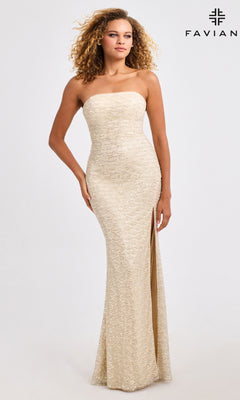A woman models the Faviana 11446 long prom dress in light gold—strapless, fitted, with scalloped beading and a thigh-high slit—against a plain backdrop, "Faviana" logo visible in the top right corner.