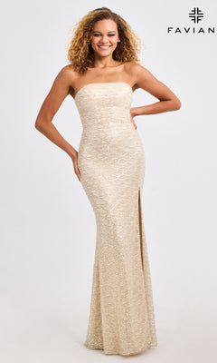 A woman smiles in a Long Prom Dress: Faviana 11446—strapless, floor-length, light gold with scalloped beading and a high slit—standing against a plain background. The Faviana logo appears in the top right corner.