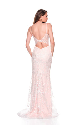 A woman stands facing away against a white background, wearing the Long Formal Dress 11459 by Dave and Johnny—a light pink, lace embroidered, floor-length formal dress with floral details and an open back.