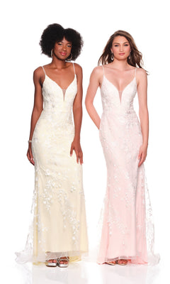 Two women pose against a white background—one wears the Long Formal Dress 11459 by Dave and Johnny, a lace embroidered gown with floral patterns and a deep V neckline; the other wears a pastel blue fitted, floor-length dress with thin straps.