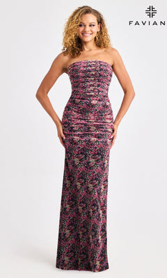 A woman wears the Faviana 11461 long prom dress, featuring a ruched floral print, strapless neckline, and floor-length hem. The background is plain white with the "FAVIAN" logo in the top right corner.