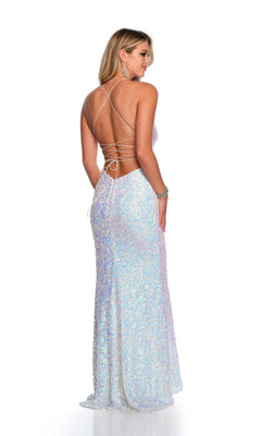 A woman faces away in the Long Formal Dress 11462 by Dave and Johnny—a floor-length, iridescent white sequin prom dress with a low lace-up back and crisscrossed spaghetti straps—set against a plain white background.