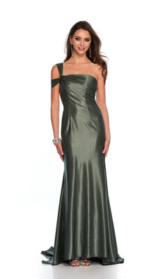 A woman models the Long Formal Dress 11486 by Dave and Johnny—a metallic green, floor-length one-shoulder gown with draped detailing—paired with silver heels and jewelry, against a plain white background.
