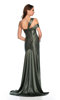 Woman wearing the Long Formal Dress 11486 by Dave and Johnny, a fitted metallic green gown with an asymmetrical one-shoulder design, standing with her back to the camera against a white background.
