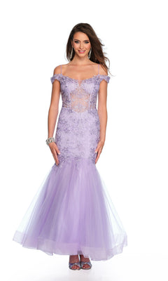 A woman wearing the Long Formal Dress 11505 by Dave and Johnny—an off-the-shoulder, pastel lilac mermaid gown with lace detailing and sheer panels—stands against a white background.