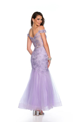 Woman wearing the Long Formal Dress 11505 by Dave and Johnny, a fitted off-shoulder pastel lilac prom dress with lace accents and a tulle mermaid skirt, smiling over her shoulder against a white background.