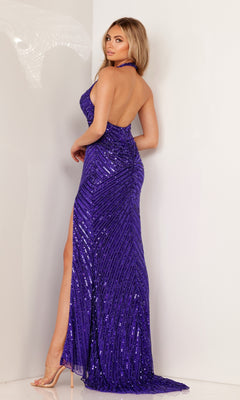 A woman poses against a white wall wearing the Backless Long Sequin Halter Prom Dress 1151—a floor-length purple gown with high slit—paired with nude heels.