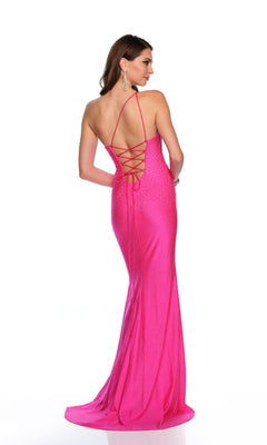 A woman stands against a white background wearing the Dave and Johnny Long Formal Dress 11528, a floor-length, backless fuchsia pink gown featuring lace-up detailing, as she looks to the side.