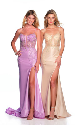 Two women pose in the Long Formal Dress 11551 by Dave and Johnny: one wears lavender, the other champagne. Both dresses feature floor-length skirts with high slits and sheer, embellished bodices. They have long blonde hair and wear high heels.