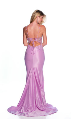 A woman wears the Long Formal Dress 11551 by Dave and Johnny, a floor-length, fitted light purple gown with sequin embroidery and an open lace-up back, standing against a white background.