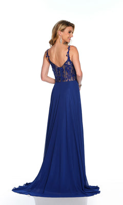 A woman wearing the Long Formal Dress 11582 by Dave and Johnny, a floor-length royal blue A-line gown with thin straps and a sheer lace embroidered bodice, photographed from the back.