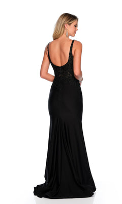 A woman faces away from the camera in the Long Formal Dress 11584 by Dave and Johnny, featuring a scoop neck and lace detailing on the upper back, set against a white background.