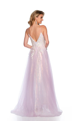 A woman faces away wearing the Long Formal Dress 11585 by Dave and Johnny—a sleeveless, light purple tulle A-line gown with floral details, lace embroidery, and a deep V-back.
