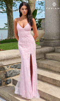 A pale pink, V-neck Long Prom Dress: Faviana 11601 with a floor-length silhouette, floral lace appliques, and a high leg slit.