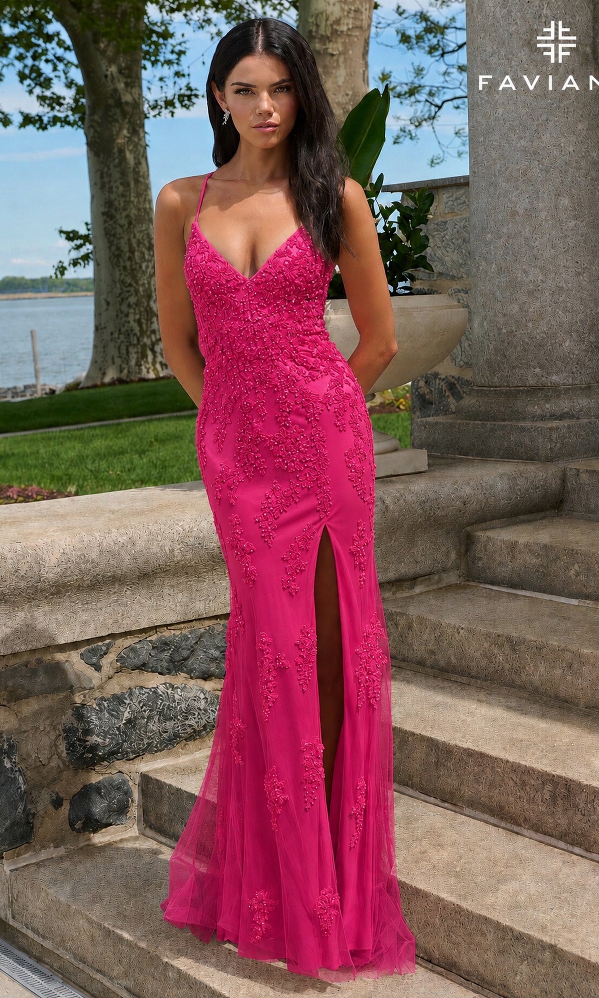 A raspberry-colored Long Prom Dress: Faviana 11601 with a V-neck, floor-length silhouette, spaghetti straps, floral embroidery, and a high side slit.