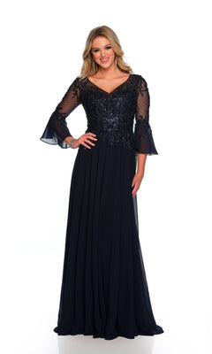 A woman faces forward in the Long Formal Dress 11602 by Dave and Johnny—a navy gown with sheer embroidered sleeves, a fitted embellished bodice, and a graceful v-neckline for an elegant, sophisticated look.