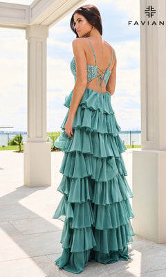 Faviana 11603 is a floor-length, teal A-line prom dress with a corset bodice, a lace-up back, and a tiered skirt of chiffon ruffles.