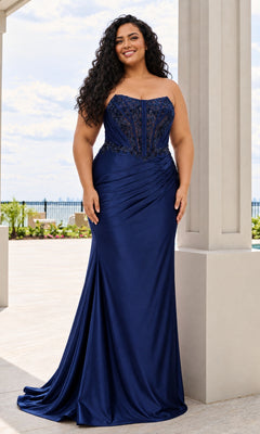 Faviana 11606E long plus-size prom dress in navy, featuring a strapless floor-length beaded corset bodice and a fitted satin skirt with side draping.