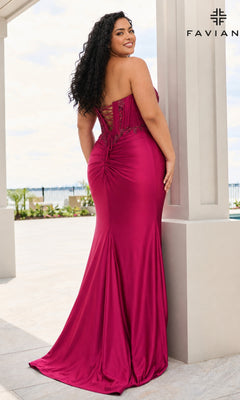 A woman wears a Long Plus-Size Prom Dress: Faviana 11606E, a floor-length magenta satin gown featuring a beaded corset-style bodice with a lace-up back.
